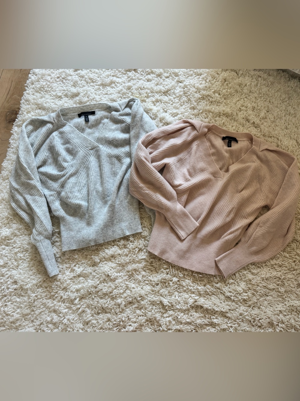 White House Black Market Light Gray and Blush Ribbed V-Neck Sweaters